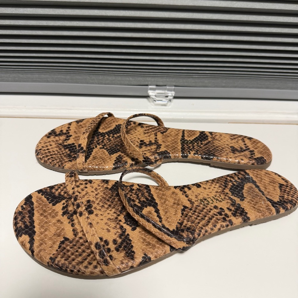 TKEES Snake-Print Slide Sandals in Tan and Brown